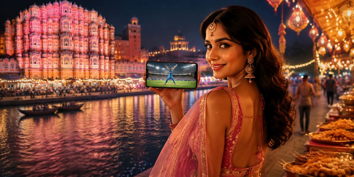 Jaipur Hawa Mahal at night with cricket betting theme