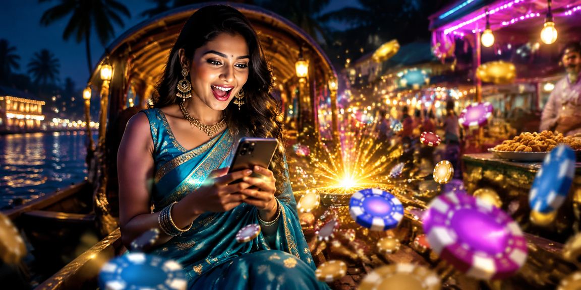Indian woman enjoying live casino games on mobile in Kerala backwaters